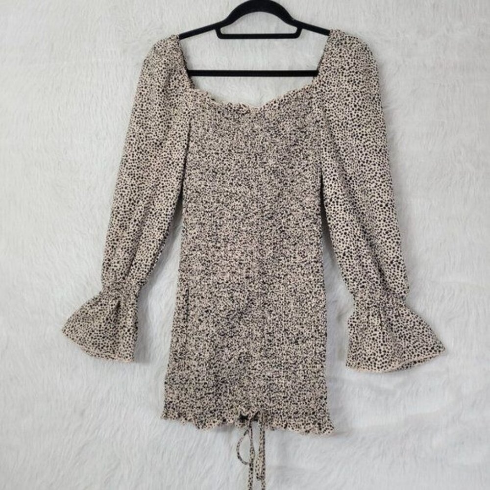 O. Vianca Animal Print Ruffled Smocked Cinched Side Long Sleeve Mini Dress Small